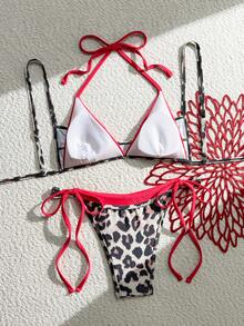 Swim Vcay 2件/套 女款夏季海灘套裝，隨機彩色印花細肩帶上衣與比基尼泳褲泳衣套裝 - 彩色 - 查看 2