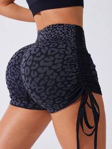 SHEIN Velisys 2件組女款無縫性感豹紋抽繩側邊跑步健身訓練瑜伽戶外3/4長運動短褲套裝 - 彩色 - 查看 7
