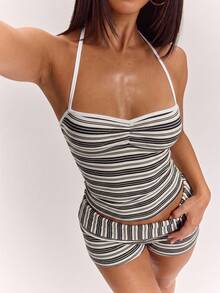 SHEIN BAE Women's Summer White & Gray Striped Casual Camisole Tank Top, Suitable For Daily Wear, Summer Vacation, Versatile Fashion Camisole, Summer Top, Striped Tank Top, Colorblock Top - Black - View 6