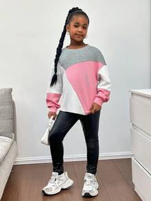 SHEIN Sudadera holgada y cómoda con cuello redondo y bloque de colores en contraste para niña preadolescente - Multicolor - Ver 6