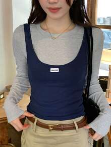 DAZY Women's Letter Print Denim Tank Top And Round Neck Long Sleeve T-Shirt Casual 2-Piece Set - Blue - View 2