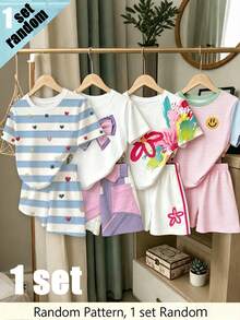 Girls Fresh Purple Pink Bowknot Patchwork Flower Cartoon Face Striped Pattern Basic Short T-Shirt And Shorts School Summer - Multicolor - View 2