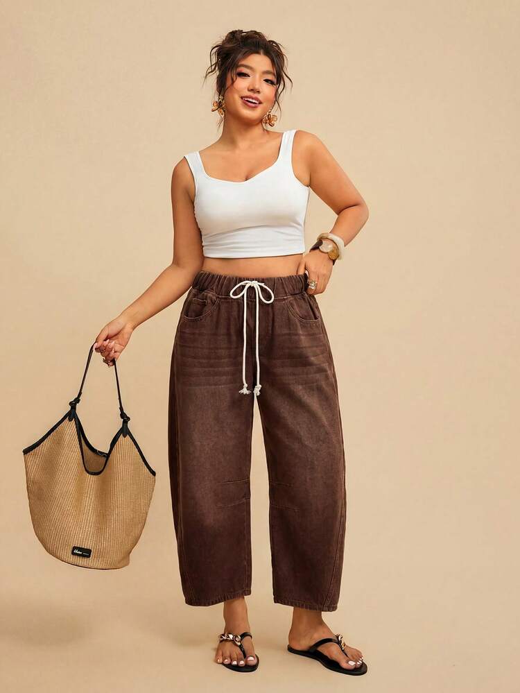 Travachic Plus Size Women's Drawstring Waist Pocket Casual Everyday Denim Jeans Fall/Winter Elegant Vacation Formal Business Cowgirl Festival Ceremony - Brown - View 4