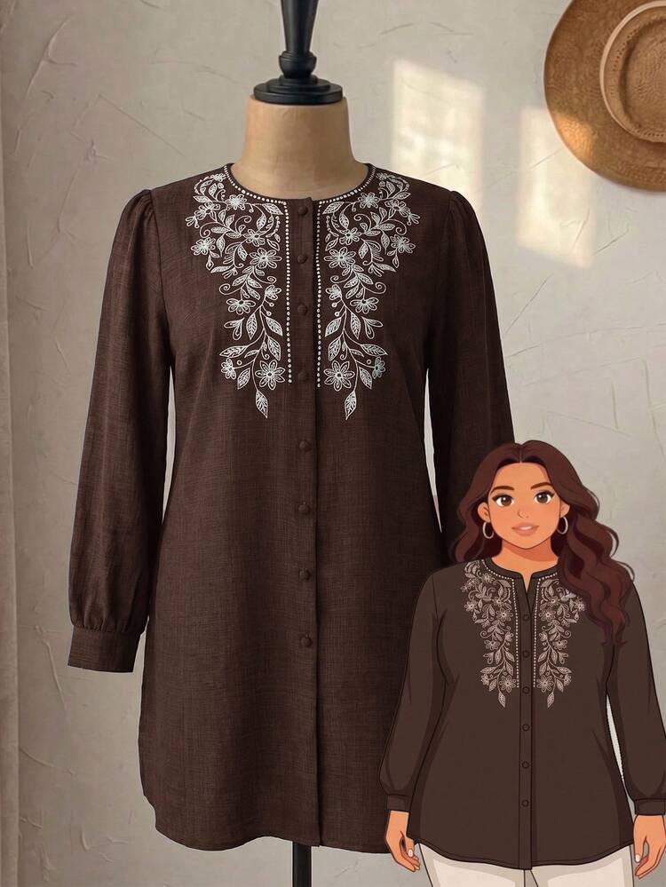 Veilorie Plus Size Women's Floral Embroidered Round Neck Long Sleeve Single-Breasted Long Shirt - Coffee Brown - View 4