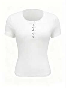 EMERY ROSE Women's Navy Solid Button-Up Short Sleeve Casual Cropped T-Shirt - White - View 6