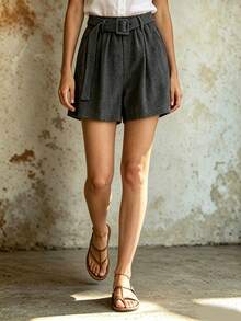Franclia Women's Pleated Waist Design Versatile Casual Wool Blend Shorts - Grey - View 1