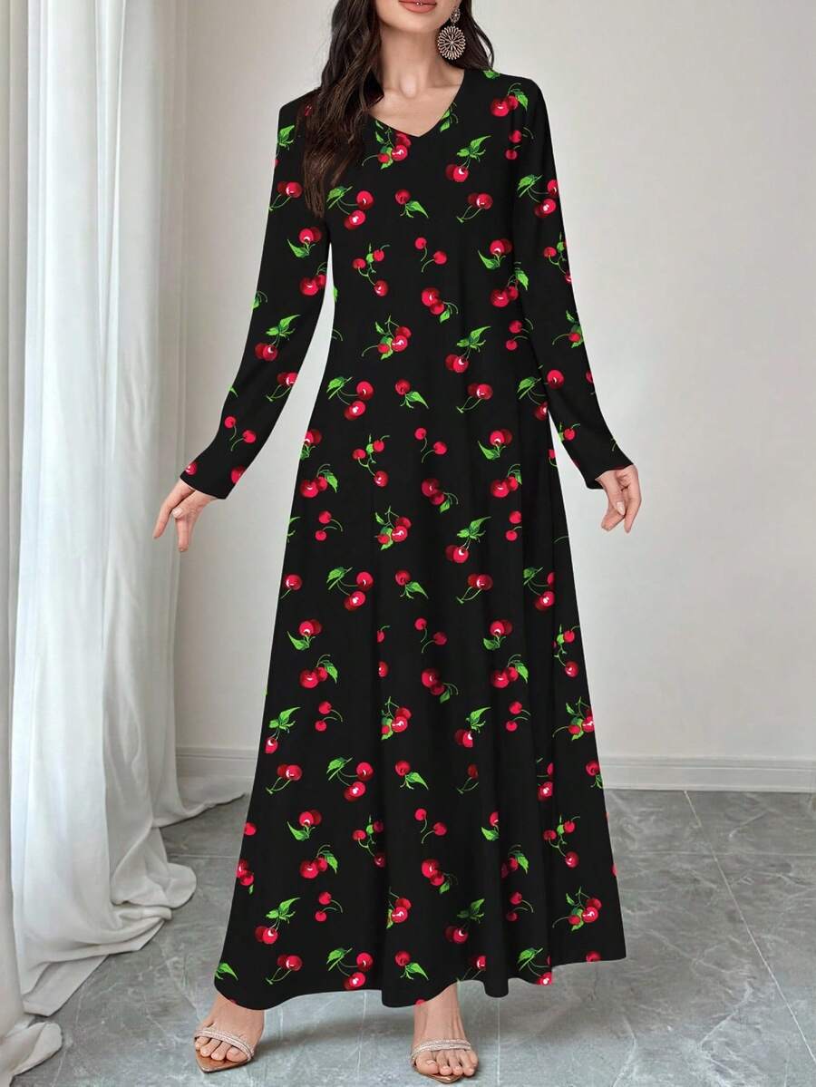 Al Najma 女士优雅V领长袖针织印花连衣裙，樱花印花，水果印花，适合叠穿，工作、约会、度假、休闲、派对、节日等场合，秋冬季长款连衣裙，飘逸连衣裙，植物印花连衣裙，黑色连衣裙 - 黑色 - 查看 1