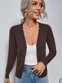 Easowa Solid Button Up Cardigan,Long Sleeve Tops,Tops For School In Fall/Winter - Brown - View 4