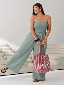 Solflare Olive Green Plus Size Women's Shirred Design Bandeau Long Jumpsuit - Olive Green - View 3
