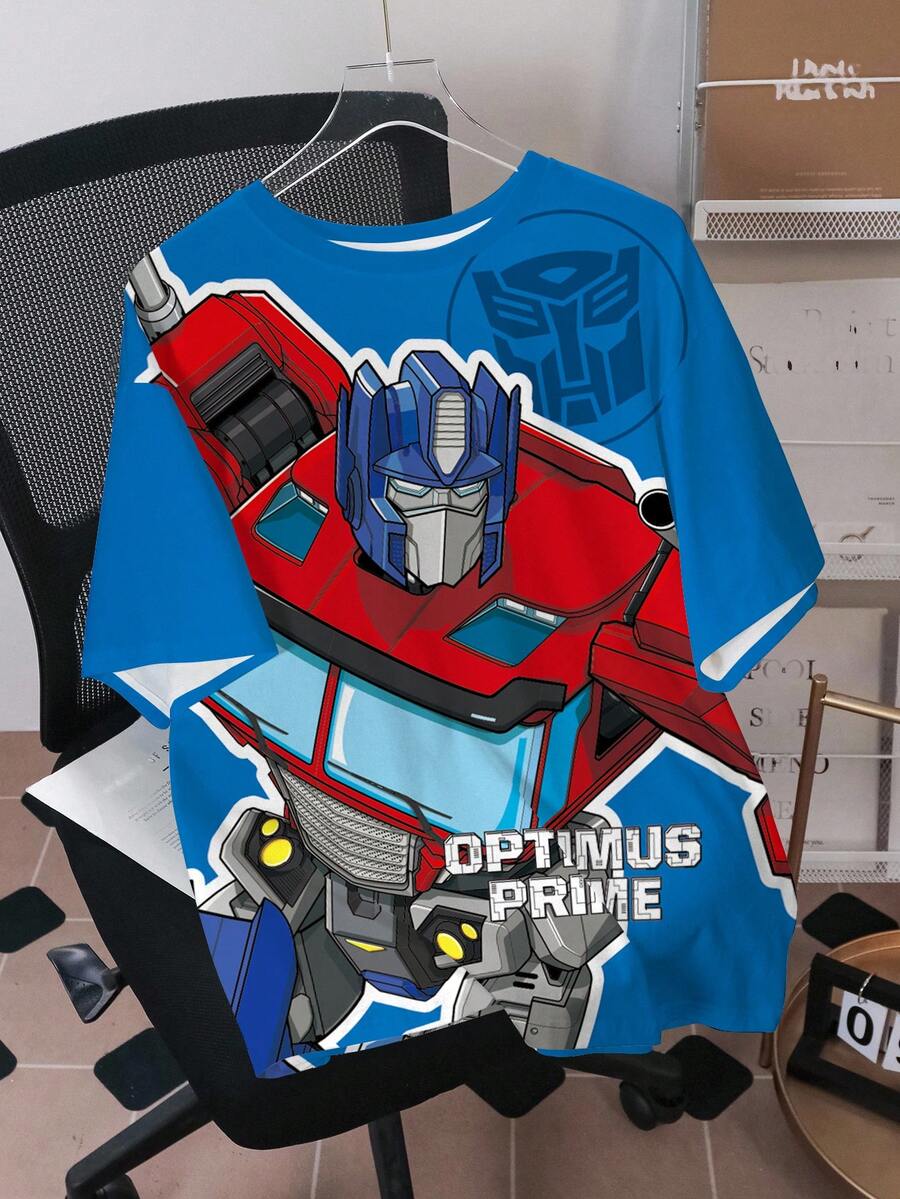 Transformers X SHEIN تي شيرت رجالي بطبعة حروف كرتونية، رقبة دائرية، أكمام قصيرة، قصة فضفاضة كاجوال - أبيض - مشاهدة 1
