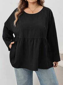 SHEIN CURVE+ Plus Size Autumn Fashion Casual Loose Daily Textured Fabric Long Sleeve Ruffle, Winter 2026 22W Fall - Black - View 1