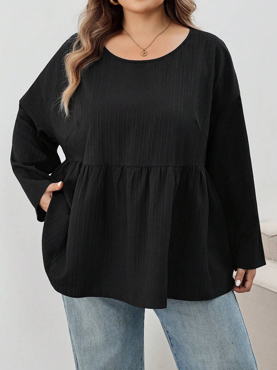 SHEIN CURVE+ Plus Size Autumn Fashion Casual Loose Daily Textured Fabric Long Sleeve Ruffle, Winter 2026 22W Fall - Black - View 1