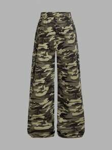 SHEIN Girlism 2pcs Tween Girl Ribbed Ruched Short Sleeve T-Shirt & Camo Print Ruched Pocket Casual Pants Set - Army Green - View 3