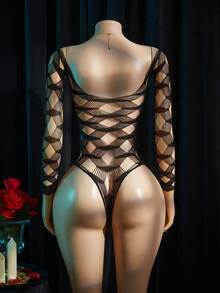 SpicyHot 1pc Sexy Women's Black Geometric Mesh Long Sleeve Backless Jumpsuit - Black - View 2