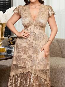 Reflora Plus Size Women's Embroidered Mesh Cap Sleeve Button Design Elegant Dress - Champagne - View 2