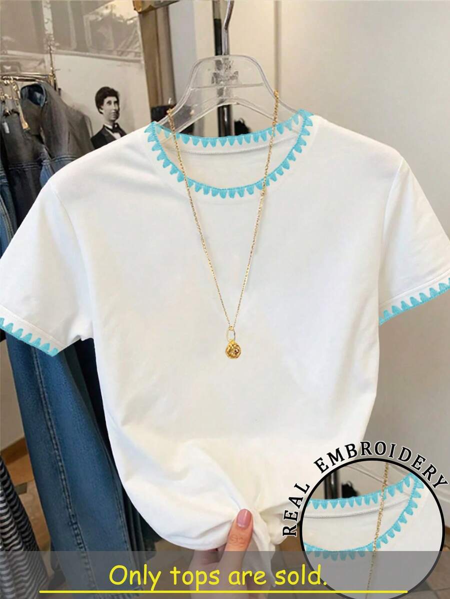 Resyla Women's Fashion Shell Embroidery Contrast Color Short Sleeve T-Shirt For Daily Wear - White - View 1