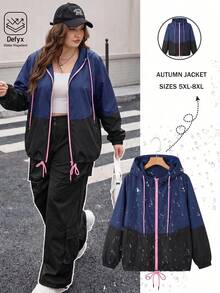 SHEIN CURVE+ Plus Size Women's Colorblock Hooded Drawstring Zip-Up Casual Jacket, Autumn/Winter Fall, 2026 22W - Multicolor - View 7