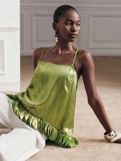 Aveloria Modichic Women Camisole A-Line Peplum Metallic Spaghetti Strap Square Neck Double Ruffle Patchwork Elegant Cocktail Night Out Olive Green Tops Christmas Summer