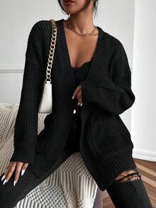 SHEIN Solid Dual Pockets Ribbed Knit Cardigan,Long Sleeve Tops Fall Winter Cloth For Women - Black - View 6