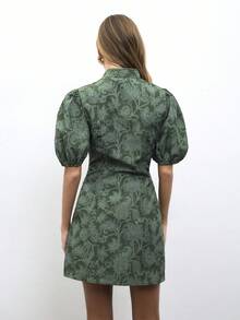 Nöista 花卉印花迷你洋裝，泡泡袖、立領設計，附匙孔領口，春季款 - 綠色 - 查看 5