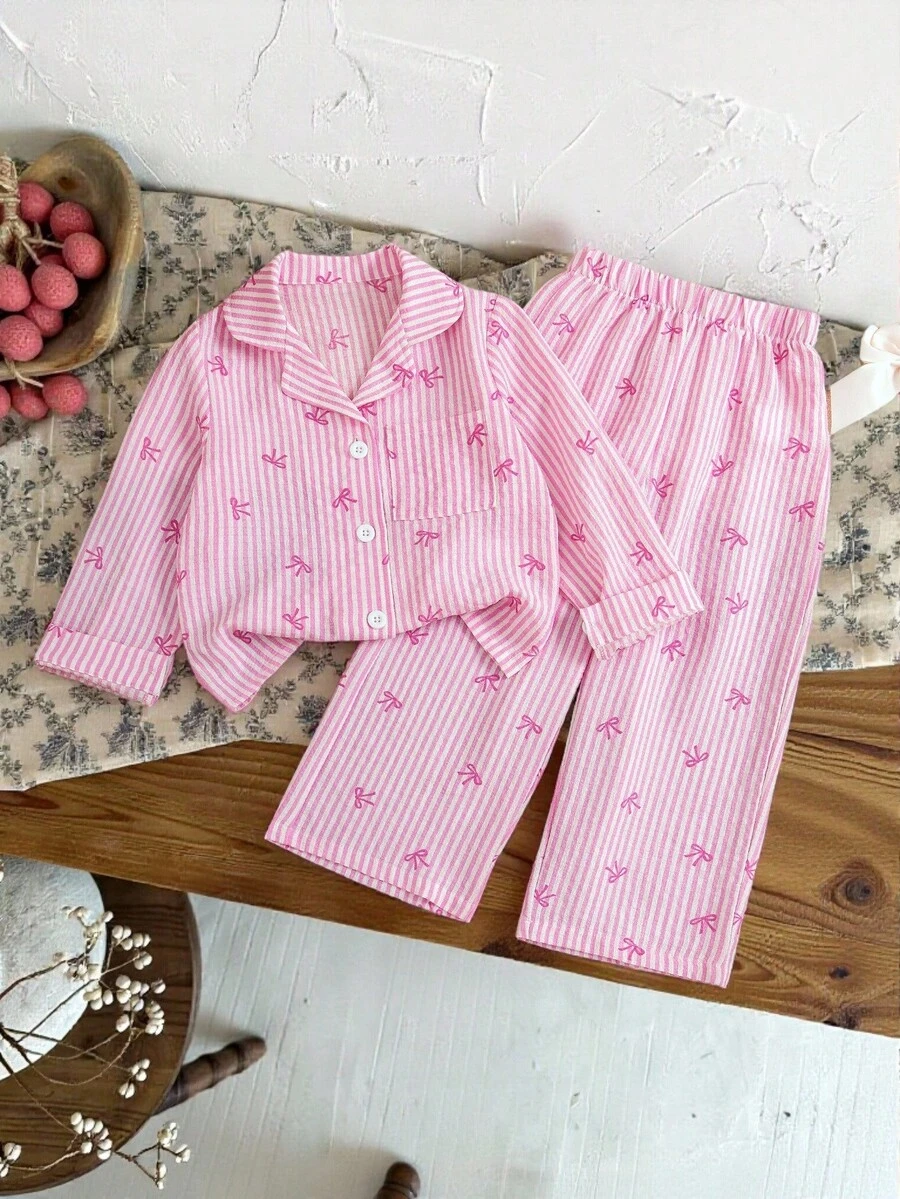 Young Girl Autumn/Winter Striped Bow Collar Long Sleeve Shirt And Pants Set, Suitable For Home And Outdoor Wear, Casual Back To School Long Sleeve Top - Pink - View 1
