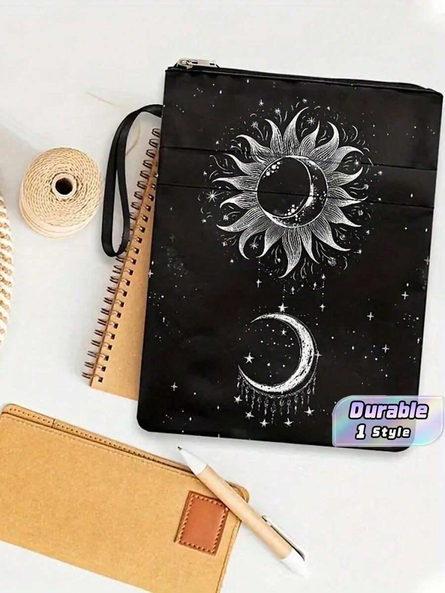 Canvas Book Cover With Sun And Moon Design, Classic Style Zipper Book Cover With Front Pocket, Washable Book Protector For Women - Bookworm Club Accessory Gift Back To School,Back To School,School Supplies - multicolor - View 1