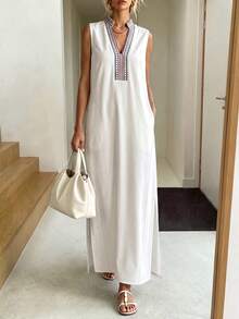 Isle Nomé Women Sleeveless Maxi Caftan Dress, V‑Neck Decorative Printed Trim Loose Side Split Long Dress - Apricot - View 5
