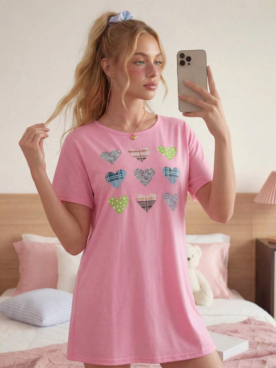 SHEIN 女士爱心印花休闲睡衣,简约时尚,适合日常穿着,Moo Moo睡裙 - 彩色 - 查看 1