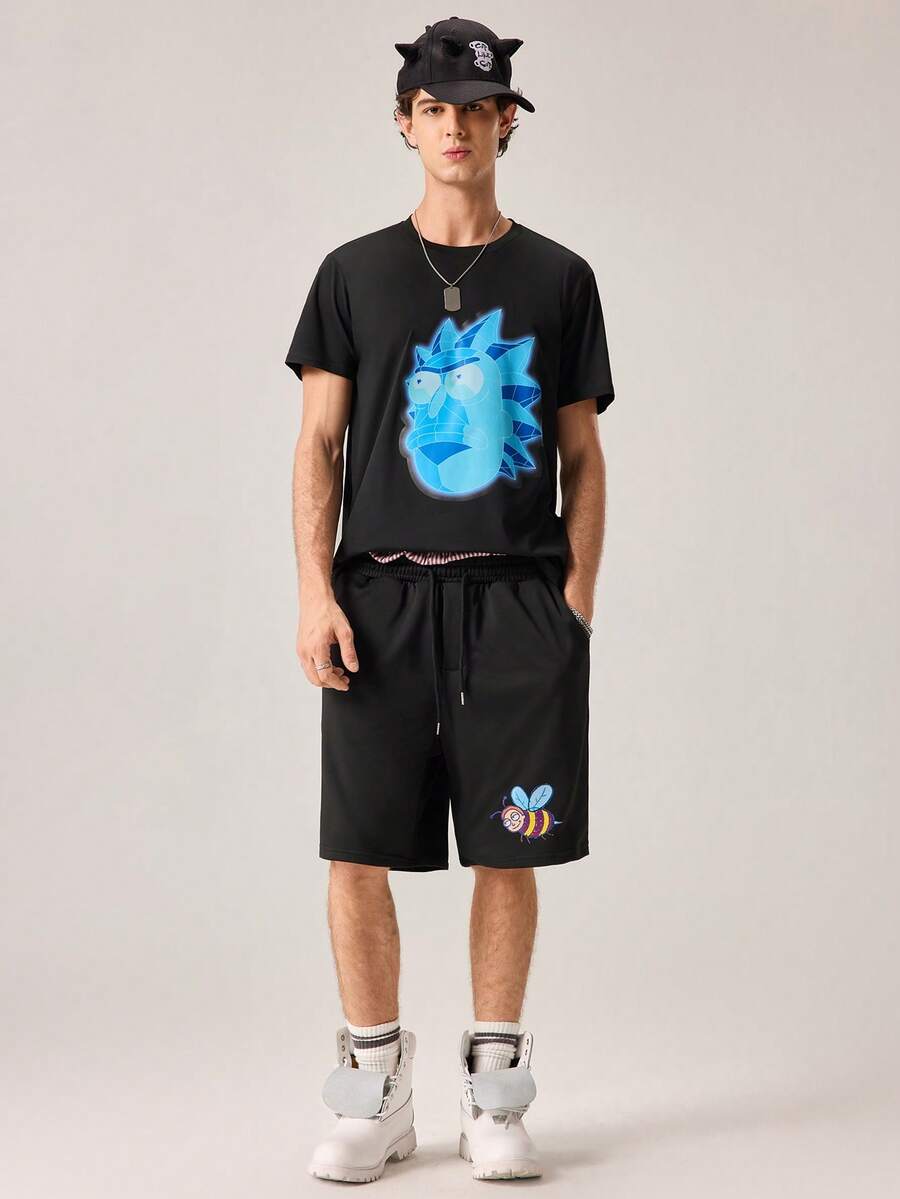 Strevion 男士夏季時尚 Rick And Morty 小蜜蜂圖案印花字母圖案運動短袖T恤與短褲2件組休閒日常套裝 - 黑色 - 查看 1
