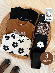 LMoss Kids 女嬰針織愛心豹紋花卉圖案圓領T恤與長褲6件套 - 彩色 - 查看 3