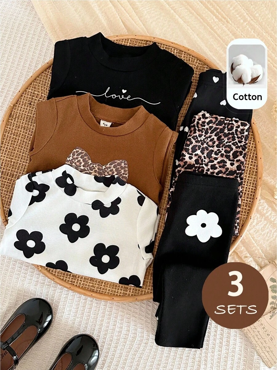 LMoss Kids Baby Girl Knitted Heart Leopard Print Flower Pattern Crew Neck T-Shirt And Long Pants 6-Piece Set - Multicolor - View 1
