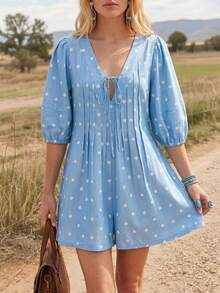 Wildy BOHO Vintage Casual Western Country Nomad Plaid Women's Autumn/Winter Daily Outfit Picnic Vacation With Pockets Autumn/Winter Jumpsuit Blue Polka Dot - Multicolor - View 10