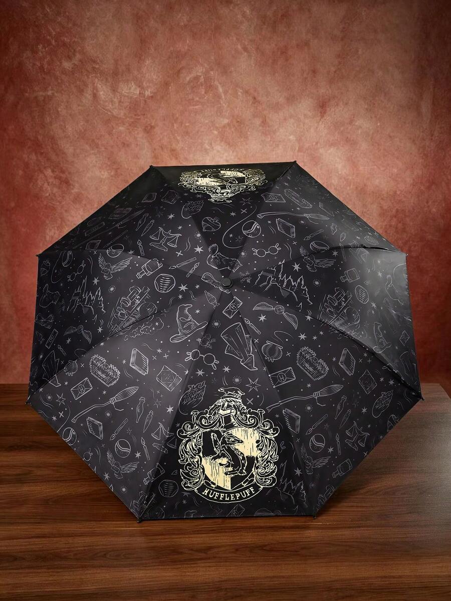 HARRY POTTER X SHEIN 復古校徽黑色膠面可折疊傘,雙用遮陽防雨傘,適合學生通勤,魔幻深色圖案便攜式8骨三折傘,旅行防紫外線傘,男女情侶日常戶外使用 - 黑黃灰色 - 查看 1