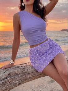 SHEIN Women's Blue Elegant Pleated Shoulder Top And Sequin 3D Floral Mini Skirt Set - Purple - View 5
