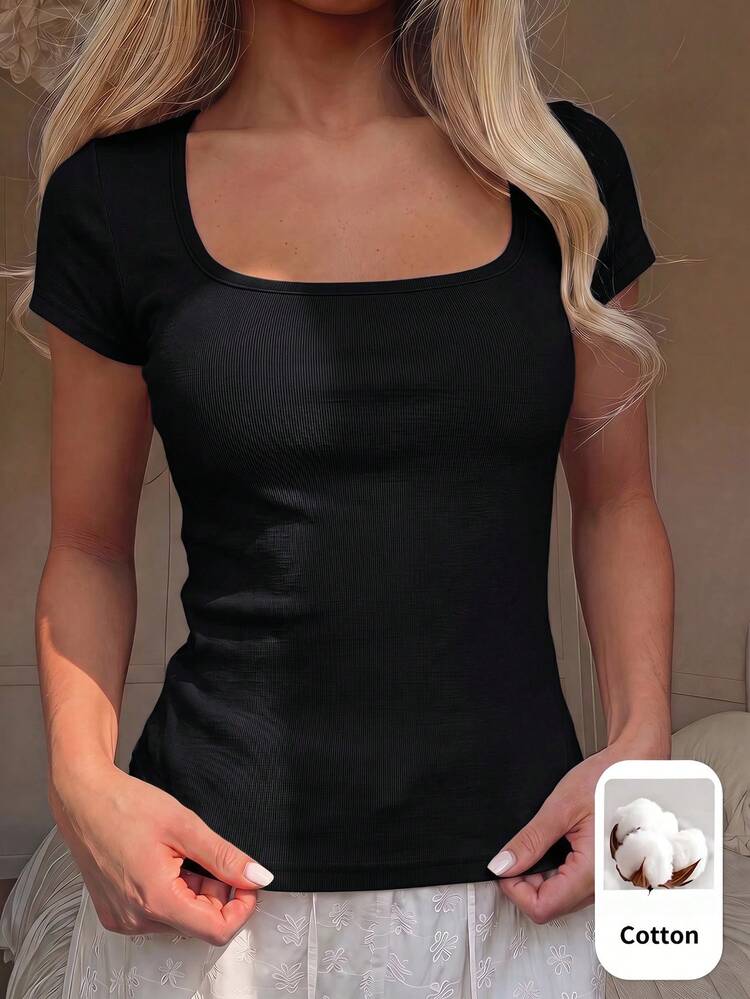 SHEIN Camiseta ajustada casual de punto de color liso con cuello redondo para niña preadolescente - Negro - Añade 6