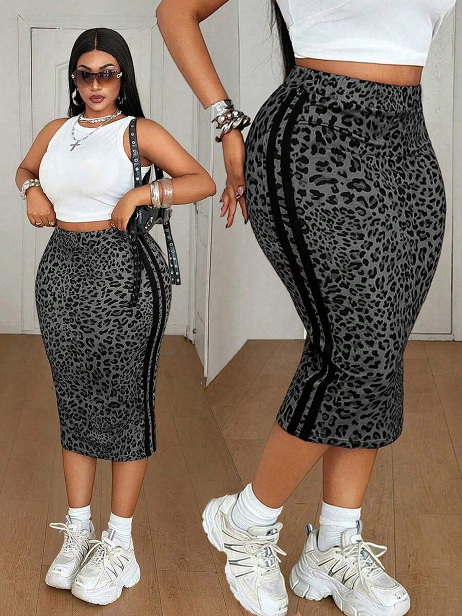 Maweii Women's Plus Size Casual Leopard Print High Elastic Knit Fabric Elastic Waistband Slim Fit Bodycon Skirt With Side Colorblock Ribbon Design, Fashionable Versatile Outing Leopard Print Skirt, New Arrival For Party, Gathering, Night Date, Romantic Date, Vacation, Summer Holiday, Daily Street Wear, Flattering Slimming Figure, Music Festival, Versatile Bodycon Skirt - Multicolor - View 1