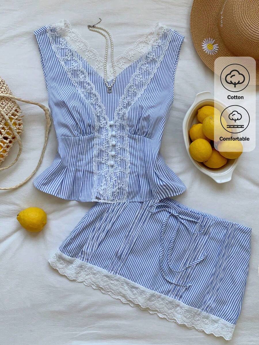 Comfortcana 女士蕾丝拼接条纹荷叶边上衣和迷你裙休闲两件套 - 藍色 - 查看 1