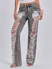ACID BLVD Jeans Skinny de Cintura Ultra Baja con Estilo Callejero Y2K Hot Girl, Rasgados, Desgastados y Lavados para Primavera/Verano - Negro - Ver 5