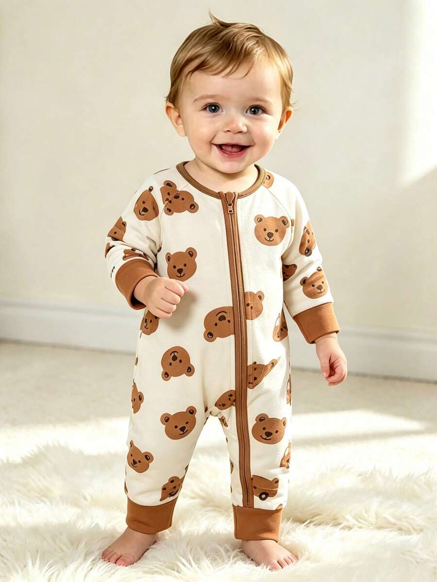 SHEIN Playful Pals 2025 春季嬰兒幼童可愛綠色拖拉機印花連身褲,新款拉鍊設計時尚舒適時尚連身套裝,適合秋季 - 棕色 - 查看 1