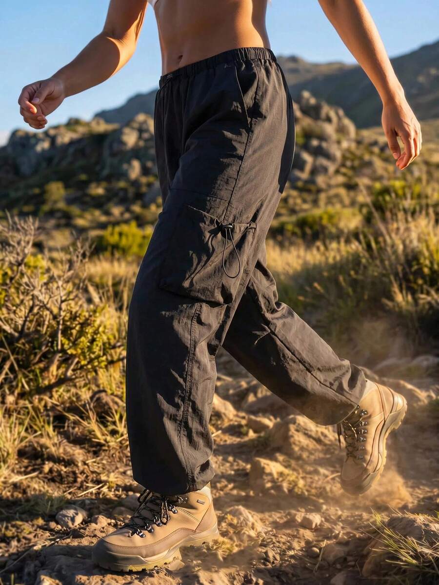 Exploreva Exploreva Women's Casual Pocket Drawstring Cargo Outdoor Long Pants For Sports And Running - Black - View 1
