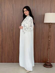 Yasmeen Edit Yasmeen Edit 优雅刺绣阿巴雅开衫，迪拜风格女士长袍，春季白色 - 白色 - 查看 3