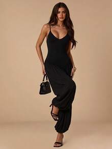 SHEIN BAE Spring/Summer Solid Black Halter Neck Backless Slim Fit Lantern Leg Jumpsuit For Women Night Out Club Sexy - Black - View 4