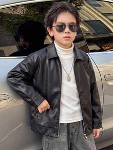 SHEIN Kids Tween Boy Casual Daily Versatile Comfortable Lapel PU Open Front Loose Long Sleeve Mid-Weight Jacket, Suitable For Children's , Back To School , Suitable For Birthday Parties, Evening Events, Performances, Weddings, Christenings, Opening Ceremonies, And Daily Wear For School And Travel - Black - View 5