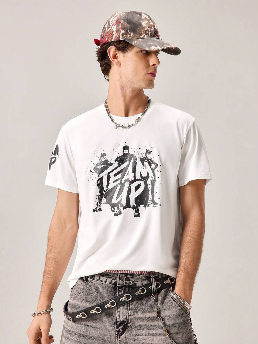 Strevion Men's Minimalist Batman Brothers Graphic Print Round Neck Short Sleeve T-Shirt, Summer - White - View 1