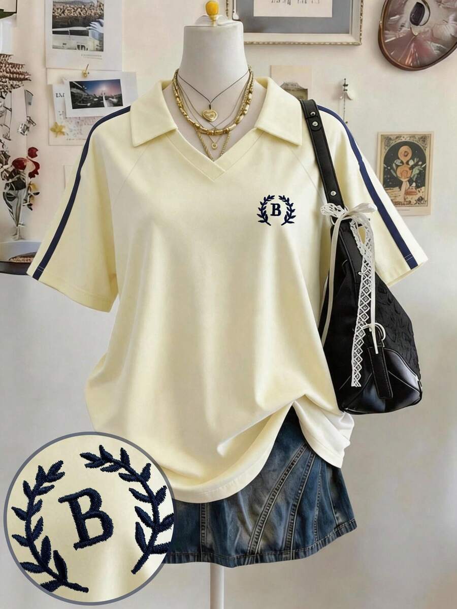 Lalippa 橄欖枝刺繡編織飾邊時尚簡約女款翻領V領落肩短袖T恤,送給朋友的禮物 - 白色 - 查看 1