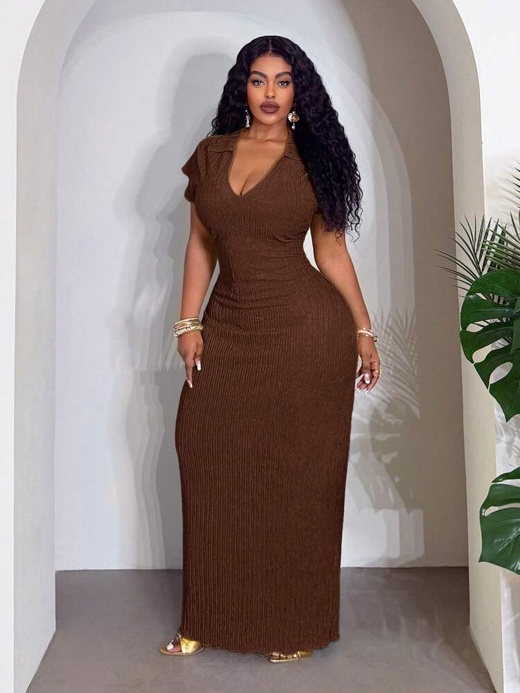Slaydiva Plus Size Women Solid Color Lapel Short Sleeve Fitted Elegant Dress - Rust Brown - View 4