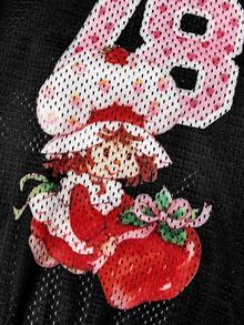 Strawberry Shortcake X SHEIN Sporty Vintage Strawberry Girl Print Mesh Pet Tank Top, Breathable Quick Dry Hollow Fabric, Sizes XXS-XXXXXL For Cats & Dogs, Cool Summer Wear For Sports, Walking & Indoor Use - Black - View 2