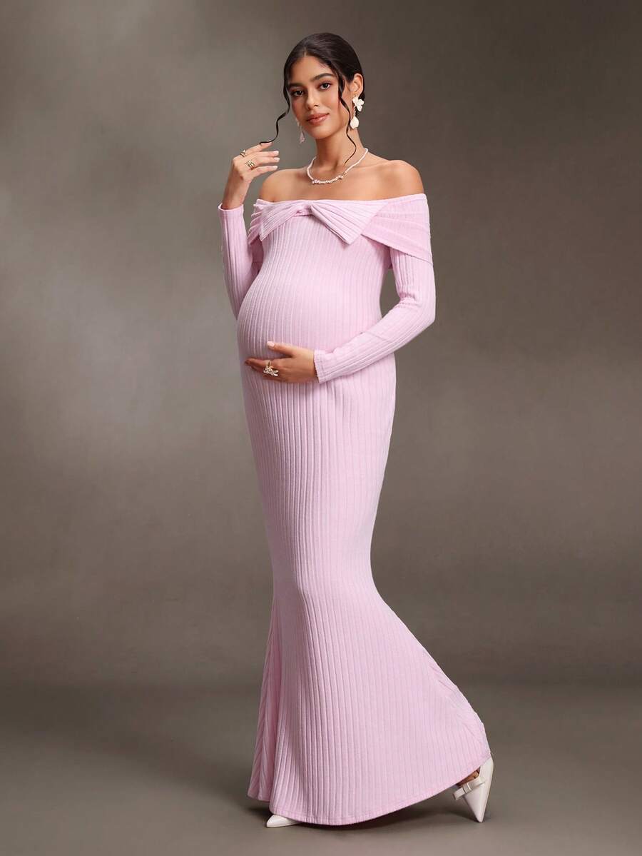 Cheriluna Maternity Spring/Autumn Maternity Dress, Slim Fit With Belly Accent, Sweet Style For Party And Banquet, High Elastic Knit Fabric Fall Pink Dress Wedding - Pink - View 1
