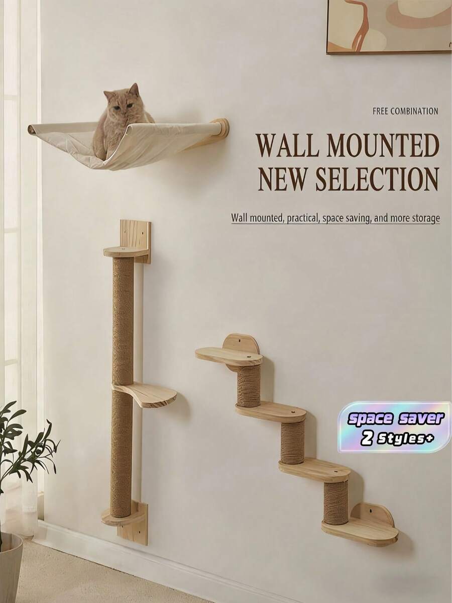 1/3PCS WallMounted CompactSize NaturalWood Durable Sturdy ScratchResistant EasyDIY HempRope Wrapped YellowRope NaturalColor CatScratchingPost WallStand For LivingRoom Bedroom Office CatLover PetOwner HomeDecor Housewarming - Apricot - View 1