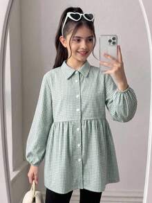 SHEIN 青少年女孩休闲马球领格纹灯笼袖宽松可爱上衣 - 薄荷綠 - 查看 1
